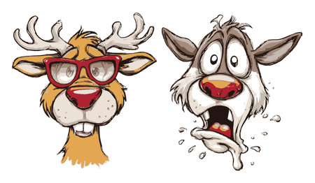 Two playful cartoon animals with exaggerated expressions showcase humor and creativity. The hand-drawn style features a deer with glasses and a shocked critter, making it perfect for fun projects.のイラスト素材