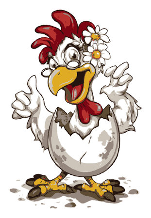 A colorful cartoon chicken character joyfully emerges from an eggshell, showcasing a cheerful expression with flowers adorning its head. Perfect for playful designs!のイラスト素材