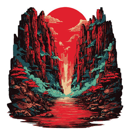 A stunning vibrant illustration of a canyon landscape featuring dramatic red tones, a silhouette of towering rocks, and a serene water reflection, perfect for art lovers.のイラスト素材