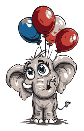 A charming hand drawn cartoon of an adorable elephant holding colorful balloons. Perfect for children's projects, celebrations, and joyful designs.のイラスト素材