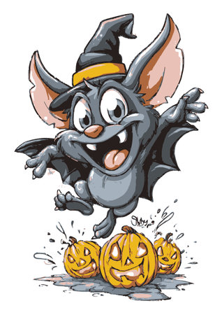 Charming hand-drawn cartoon bat with a playful expression, leaping around Halloween pumpkins, capturing the essence of joy and seasonal fun. Perfect for festive themes!のイラスト素材