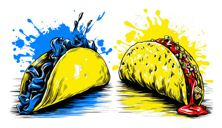 This vibrant hand-drawn illustration features two colorful tacos against an abstract background. Perfect for food lovers and culinary art enthusiasts.のイラスト素材