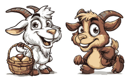 Two cheerful cartoon goats are depicted in a playful hand-drawn style, one carrying a basket of eggs and the other striking a lively pose. Ideal for fun projects.のイラスト素材
