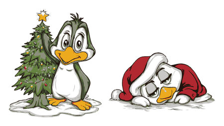 Adorable cartoon penguin stands by a decorated Christmas tree while another penguin in a Santa outfit takes a nap. Perfect for festive holiday themes!のイラスト素材