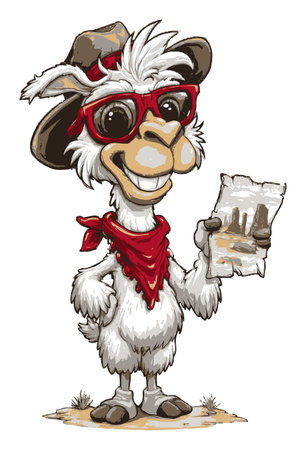 This fun and whimsical hand-drawn cartoon goat character wears sunglasses and holds a map, perfect for playful designs. Ideal for adventure-themed projects.のイラスト素材