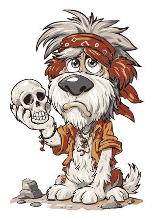 A hand-drawn cartoon dog holding a skull, showcasing a sad expression. The furry character, dressed in a bandana, evokes a whimsical yet poignant narrative.のイラスト素材