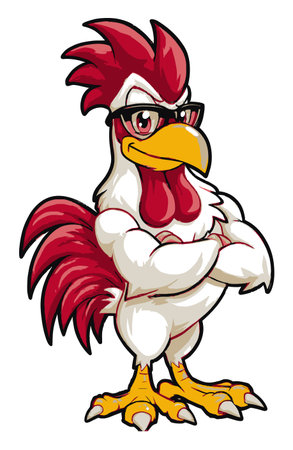 A fun and vibrant cartoon chicken character wearing glasses, showcasing a confident pose. Perfect for playful themes, animal illustrations, and humorous designs.のイラスト素材