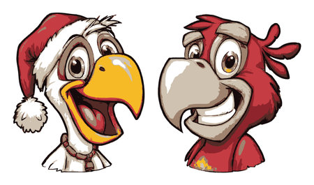 Delightful hand-drawn cartoon birds sporting Santa hats bring festive cheer. Perfect for holiday-themed projects, illustrations, and joyful artworks.のイラスト素材