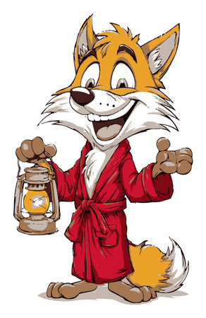 This charming cartoon fox character, dressed in a cozy robe and holding a lantern, radiates warmth and cheer, perfect for inviting stories or whimsical themes.のイラスト素材