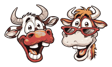 Two cheerful cartoon cows with playful expressions and fun sunglasses create a whimsical design. Perfect for projects needing a dose of humor and charm.のイラスト素材