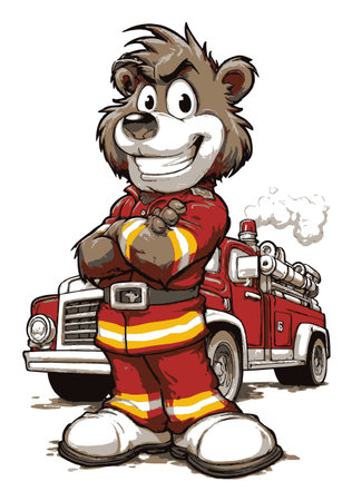 This vibrant cartoon bear character dressed as a firefighter stands confidently in front of a fire truck. Perfect for playful and engaging designs!のイラスト素材