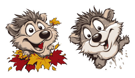 This charming illustration features playful cartoon hedgehogs surrounded by colorful autumn leaves. Their cheerful expressions capture the joy of fall, adding a fun touch to any project.のイラスト素材