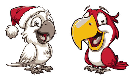 This image features two cheerful cartoon birds, one wearing a Santa hat, showcasing bright smiles. Perfect for festive-themed designs or holiday projects.のイラスト素材