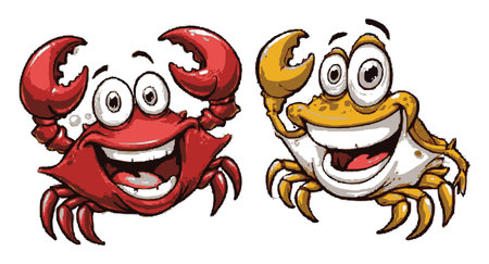 This playful cartoon illustration features two cheerful crabs with expressive faces. Their vibrant colors and joyful appearances make them perfect for engaging designs, children's themes, and fun marine projects.のイラスト素材