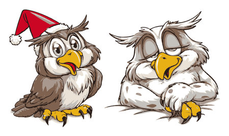 This whimsical hand-drawn cartoon features two charming owls, one with a festive Santa hat and the other in a relaxed pose, perfect for the holiday season.のイラスト素材