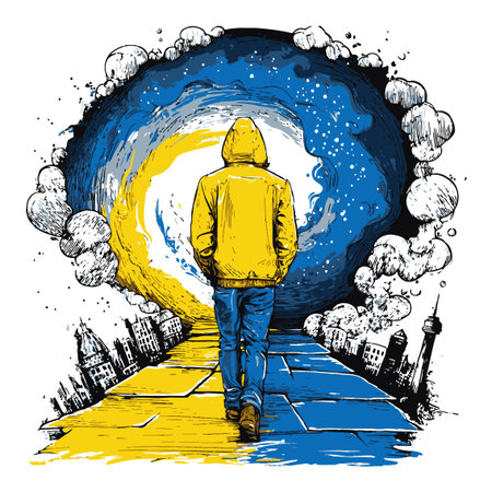 This hand-drawn abstract illustration depicts a person walking on a colorful path through a surreal landscape filled with vibrant colors and smoke.のイラスト素材