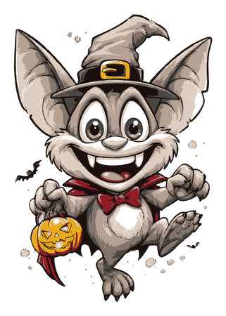 This playful hand-drawn cartoon bat character celebrates Halloween joyfully. With a pumpkin in hand and dressed in a festive costume, it's perfect for holiday-themed projects.のイラスト素材