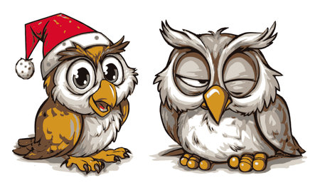 This hand-drawn cartoon features two whimsical owls, one wearing a festive Santa hat. Their unique expressions add charm and humor, making this illustration perfect for holiday-themed projects.のイラスト素材