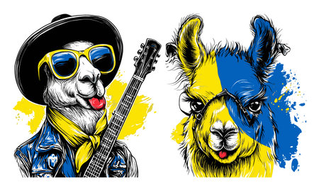 A vibrant hand-drawn illustration featuring two funky llamas with playful expressions, one dressed as a musician with a guitar and sunglasses, evoking a cheerful, artistic vibe.のイラスト素材