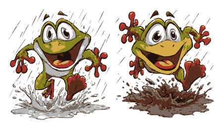 This colorful hand-drawn illustration features a cheerful frog happily jumping through puddles in rainy weather, capturing a playful and joyful mood.のイラスト素材