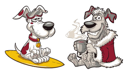 Fun and playful hand-drawn cartoon illustration featuring two quirky dogs, one on a surfboard and the other enjoying a hot drink, capturing joy and humor.のイラスト素材
