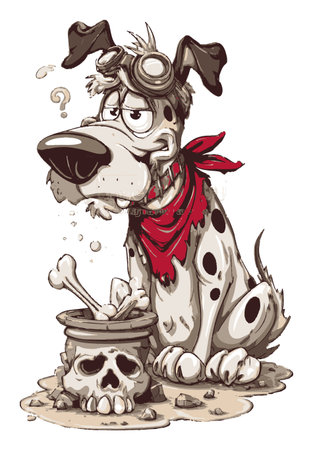 Hand-drawn cartoon dog featuring a humorous expression, wearing goggles and a bandana, with a bowl of bones beside a skull, creating a fun and imaginative scene.のイラスト素材