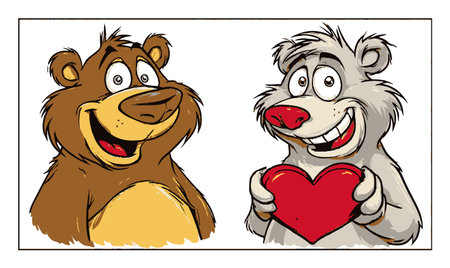 This delightful hand-drawn illustration features two charming cartoon bears, one brown and one gray, showcasing a joyful moment of friendship with a heart.のイラスト素材