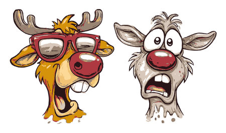 Whimsical hand-drawn cartoon animal faces showcasing expressive emotions, featuring a happy character with sunglasses and a shocked character, perfect for playful designs.のイラスト素材
