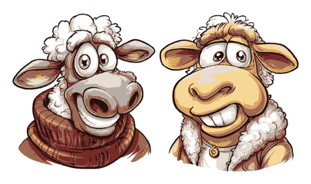 Adorable cartoon hand-drawn sheep characters with warm smiles and playful expressions, perfect for children's books, animations, and playful designs.のイラスト素材