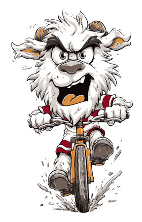This vibrant cartoon character rides a bicycle with an animated expression, showcasing energy and motion. A perfect illustration for playful themes.のイラスト素材