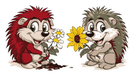 Two adorable cartoon hedgehogs, one with red spikes and another with grey, joyfully hold colorful flowers in a cheerful garden setting, perfect for childrens art.のイラスト素材