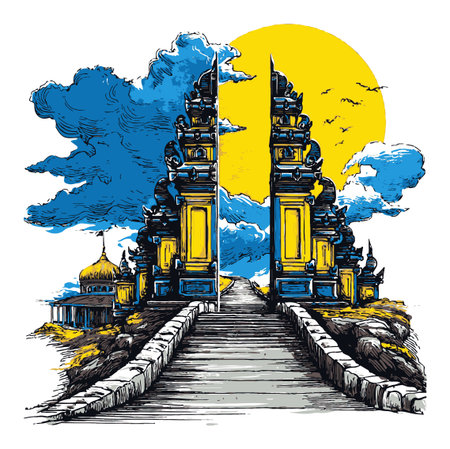 This hand-drawn abstract illustration features a stunning temple gate set against a vibrant sun and dramatic clouds, creating a captivating and serene landscape.のイラスト素材