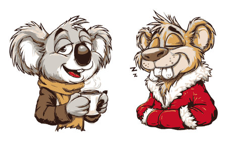 Delight in these adorable hand-drawn cartoon koala characters, one enjoying a warm drink and the other in festive attire, exuding cheer and warmth.のイラスト素材