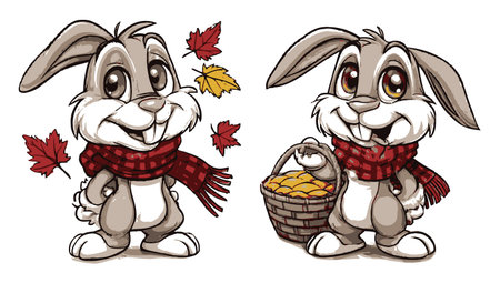 This charming hand-drawn cartoon rabbit character features a friendly smile, dressed in a vibrant scarf and holding a basket of fruits, perfect for a playful autumn theme.のイラスト素材