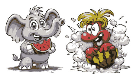 Fun and vibrant cartoon featuring a cheerful elephant holding a watermelon and a playful character in an explosion of melon joy, perfect for kids' themes.のイラスト素材