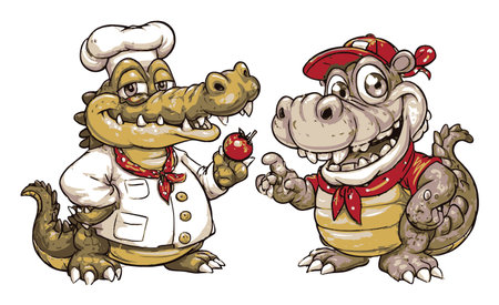 A whimsical illustration featuring two cheerful cartoon dinosaurs in chef outfits, one holding a tomato, perfect for food-themed projects.のイラスト素材