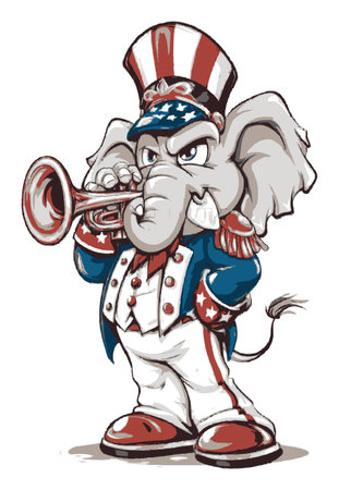 A vibrant cartoon elephant character dressed in a patriotic outfit, playing a trumpet. This hand-drawn illustration captures joy and celebration, making it perfect for festive themes.のイラスト素材