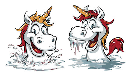 This illustration features two playful and colorful hand-drawn unicorn heads emerging from water, showcasing fun expressions and a whimsical style perfect for various creative projects.のイラスト素材