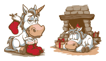 Hand-drawn cartoon of a whimsical unicorn by a fireplace during Christmas, featuring a stocking and gifts, capturing a cozy, festive spirit.のイラスト素材