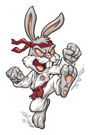 An animated cartoon bunny rabbit in a karate outfit executes a fierce kick, embodying action and energy. The character features exaggerated expressions and vibrant colors, perfect for dynamic illustrations.のイラスト素材