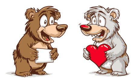 Two hand-drawn cartoon bears, one brown and one white, express joy and affection with playful gestures. An ideal illustration for cheerful themes or children's content.のイラスト素材