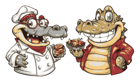 Two cheerful cartoon alligators dressed as chefs share delicious food. One holds a platter filled with treats, showcasing a fun and whimsical style perfect for any playful theme.のイラスト素材