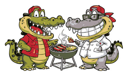 Two cheerful cartoon alligators joyfully cooking barbecue at a grill. Hand-drawn in vibrant colors, this fun illustration captures a lively outdoor cooking atmosphere perfect for summer gatherings.のイラスト素材