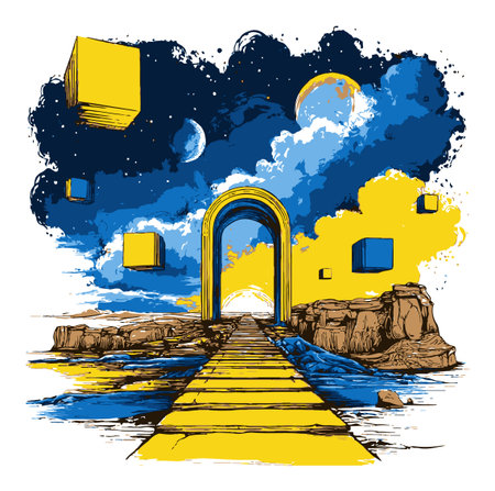 Explore this surreal hand-drawn abstract illustration featuring vivid colors and cosmic elements, blending nature with imaginative designs and dreamlike scenery.のイラスト素材