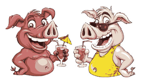 Two joyful cartoon pigs celebrate summer with colorful drinks, exuding a fun and relaxed vibe. Perfect for projects related to festivities, leisure, and humor.のイラスト素材