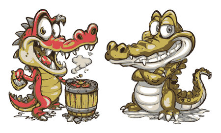 This vivid hand-drawn cartoon showcases two quirky crocodile characters enjoying a playful cooking scene. Perfect for fun, cheerful designs!のイラスト素材