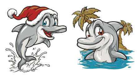 This charming illustration features playful cartoon dolphins, one dressed in a festive Santa hat, creating a joyful holiday vibe. Perfect for summer themes!のイラスト素材