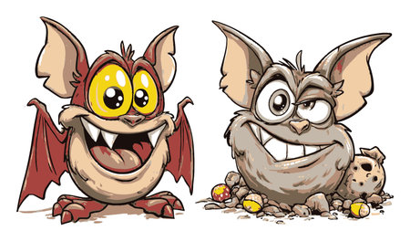 Two playful cartoon monsters with large eyes and quirky smiles showcase unique personalities. Hand-drawn with vibrant colors, these charming characters evoke fun and joy.のイラスト素材