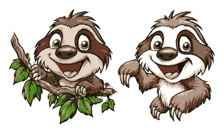 This charming hand-drawn cartoon features two cheerful sloths with engaging expressions. The playful design, surrounded by vibrant leaves, captures the essence of wildlife joy.のイラスト素材