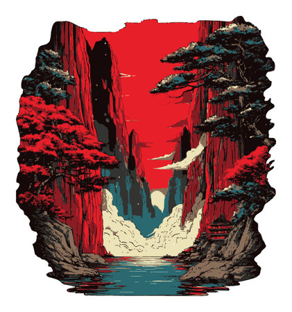 Explore a striking illustration featuring a dramatic silhouette of mountains and lush trees against a vibrant red sky. Ideal for nature lovers and art enthusiasts.のイラスト素材